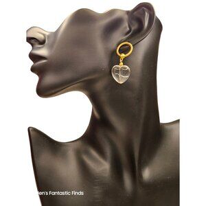 Clear Lucite Heart Drop Earrings‎ Gold Tone 1980s Post Back